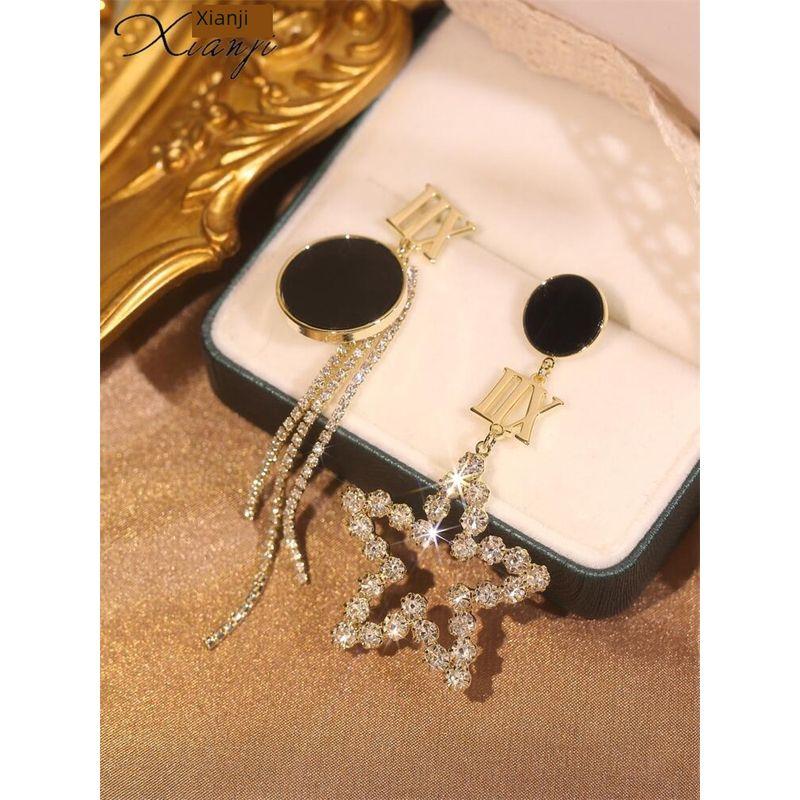 Accessible Luxury European and American Unique Elegant AB Version Star and Moon Earrings Black Star and Moon Style-Gold
