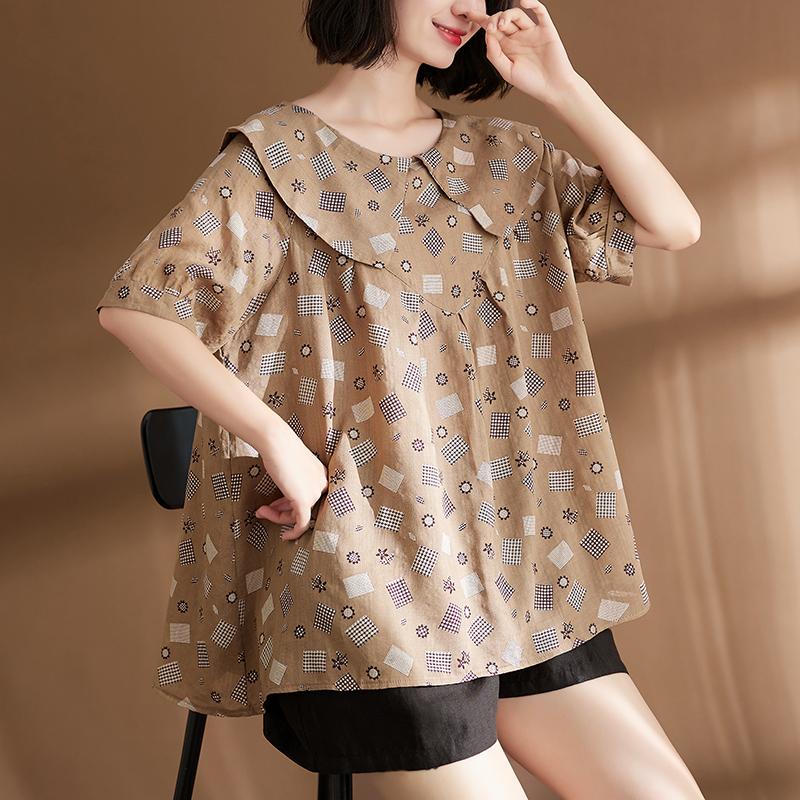 

DIMANAF 2024 Лето Большие размеры женские футболки летние рубашки женские топы футболки клетчатый принт свободная повседневная винтажная рубашка One Size коричневый