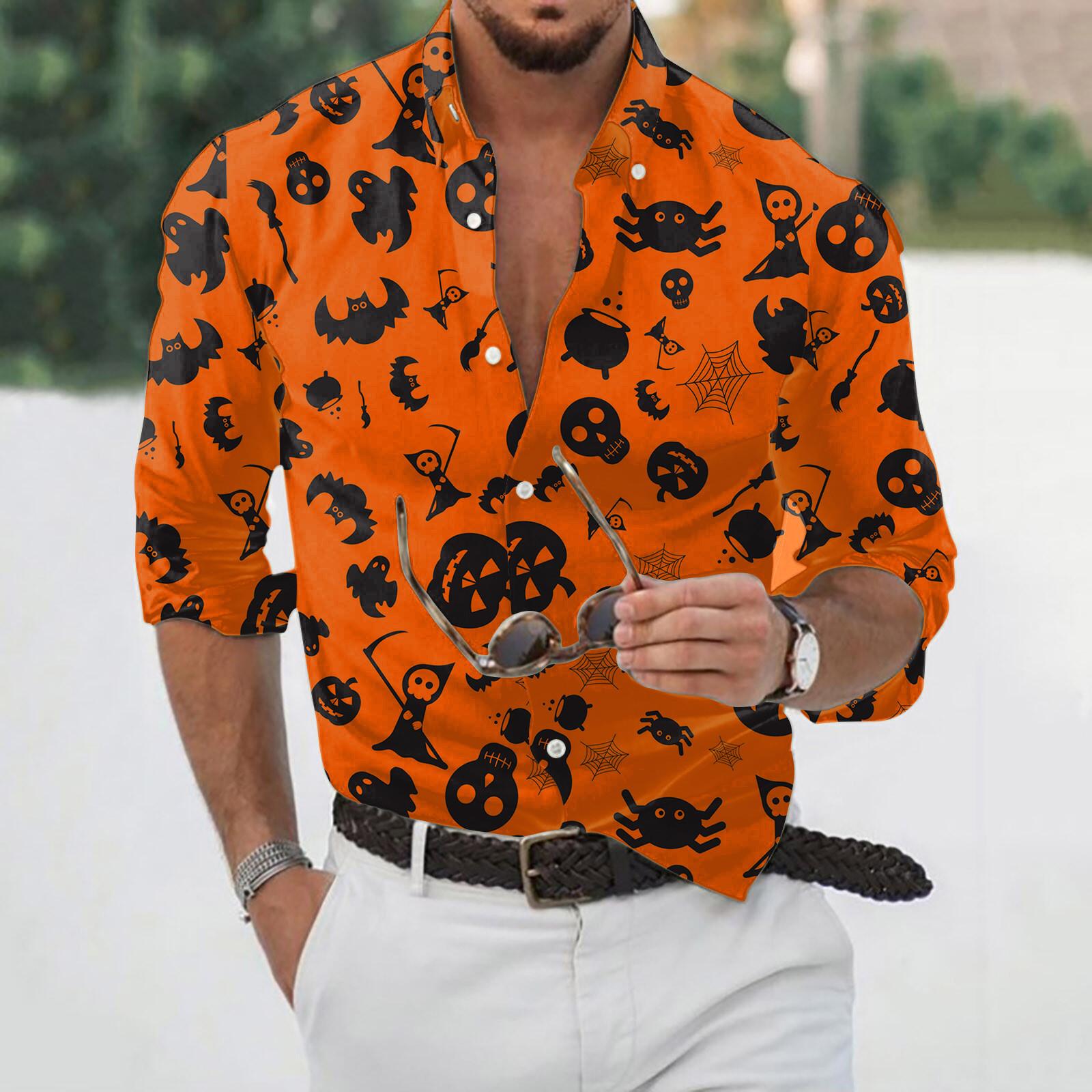 

Дизайнерская весна-лето мужская повседневная 3D-хэллоуинская печать Гавайская рубашка Блузка Рубашки с длинным рукавом XL оранжевый