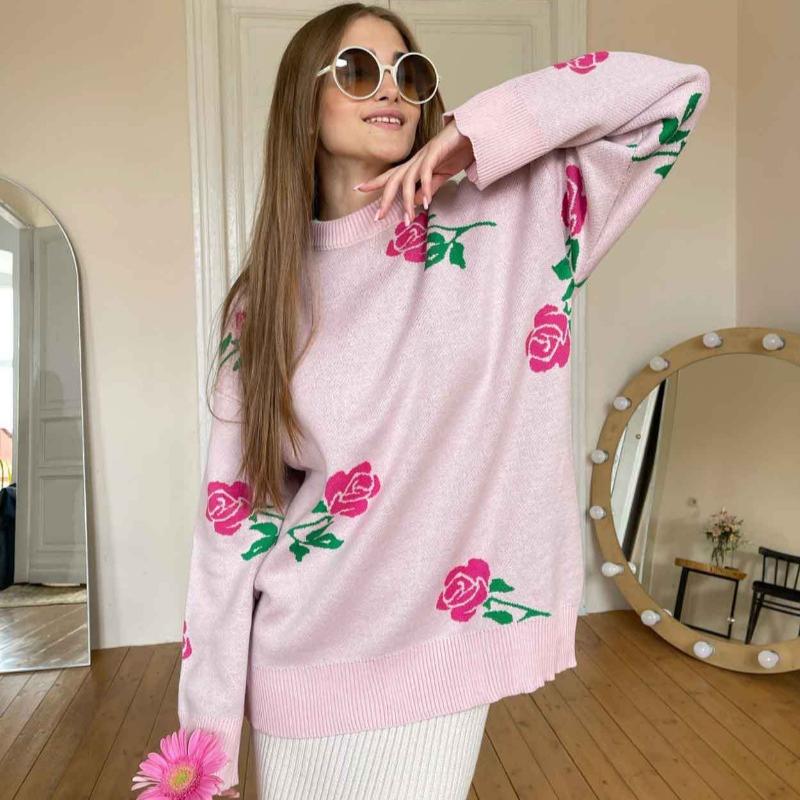 Herbst Rundhals Rose Print Gestrickte Pullover Frauen Winter Neue Mode Lose Pullover Pullover Weibliche Vintage Elegante Warme Casual Strickwaren Tops 24647