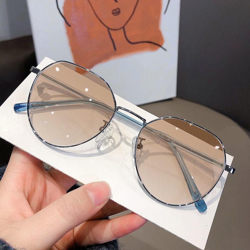 2PCS Transparent Photochromic Oval Glasses  Women's Stainless Steel Frame PC Material Fashionable Metal Chain