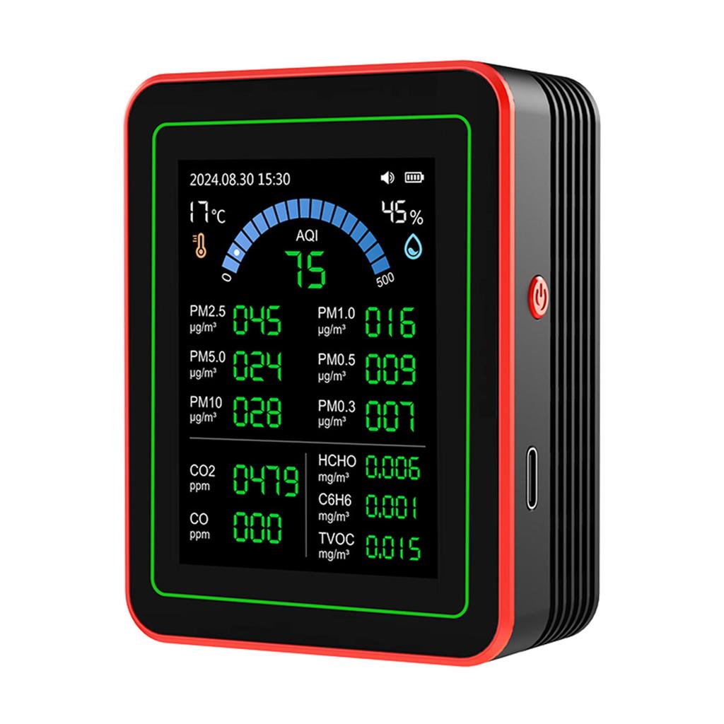 Air Quality Meter 18 In 1 CO2 TVOC HCHO PM2.5 PM10 Temp Humid Detect Tester Indoor Battery Powered Data Storage Black