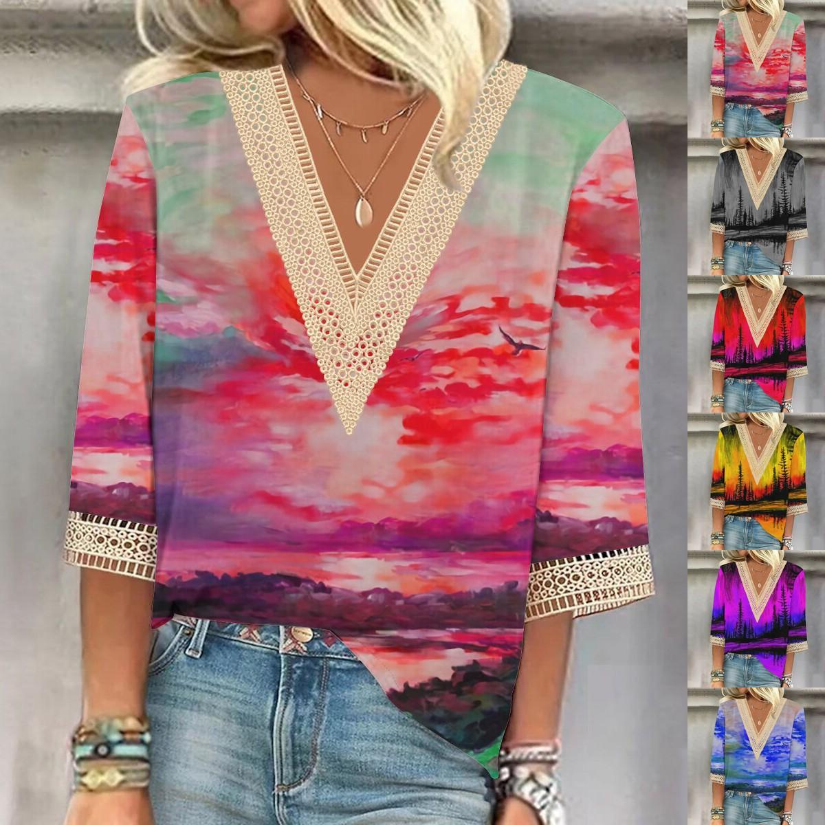 

Летняя новая модная женская кружевная футболка с v-образным вырезом и рукавом три четверти, повседневная футболка больших размеров S-2XL