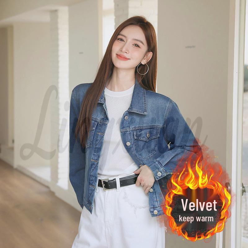 Korean Style Fleece-Lined Denim Jacket: Slimming, Fashionable, High Quality, Versatile for Autumn/Winter Medium синий