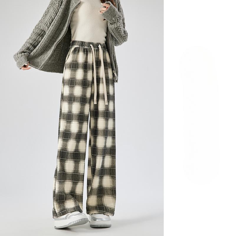 Woolen Plaid Pants for Women In Autumn and Winter High Waist Draping Feeling Casual Straight Loose Plus Velvet Floor Wide-leg Pants
