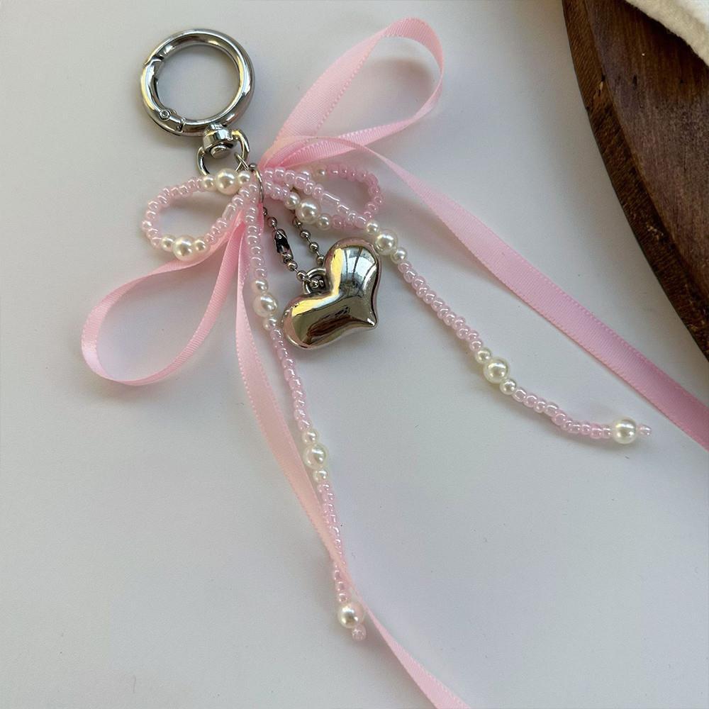 Fashion Red Love Y2k Keychain Korean Charm Bag Pendant Handmade Beaded Bownot Keyring Vintage Red Metal Hanging Accessories