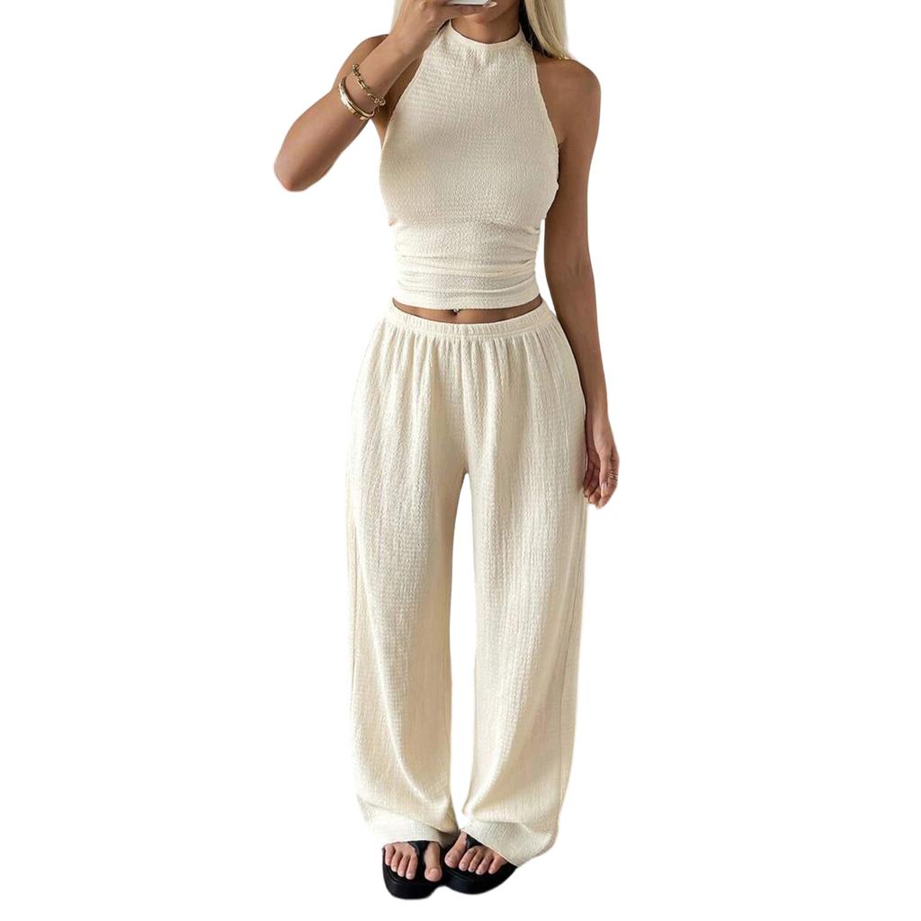 Women’s Two Piece Set Sleeveless Halter Neck Top and Wide Leg Long Pants Casual Relaxed Fit Outfit for Daily Wear