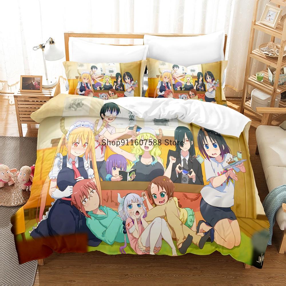 Miss Kobayashi's Dragon Maid Bedding Set Cartoon Anime three-piece set Adult Kid Bedroom Duvet cover Sets 3D print Kawaii Anime