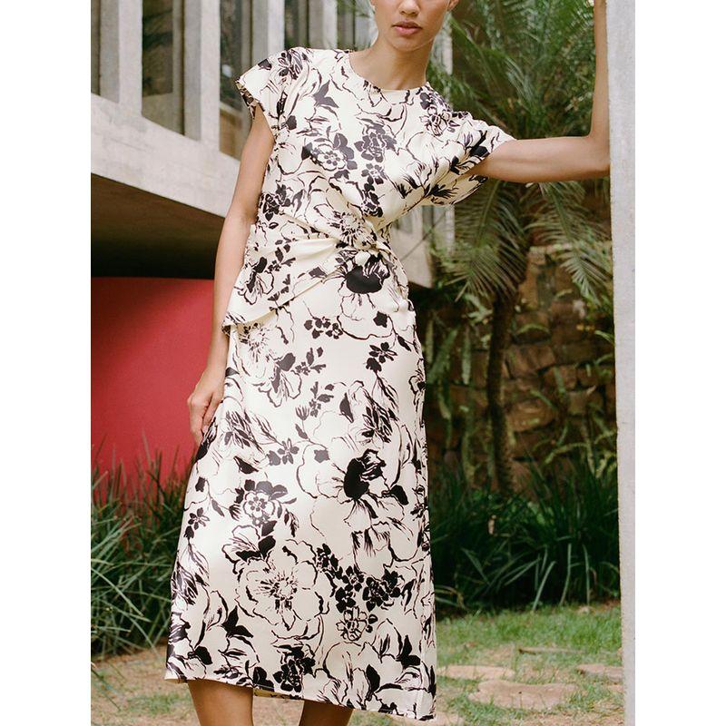 Za2025 Spring New Women's Clothing Elegant Silk Satin Texture Print Short Sleeve Round Neck Midi Skirt Dress 2328651