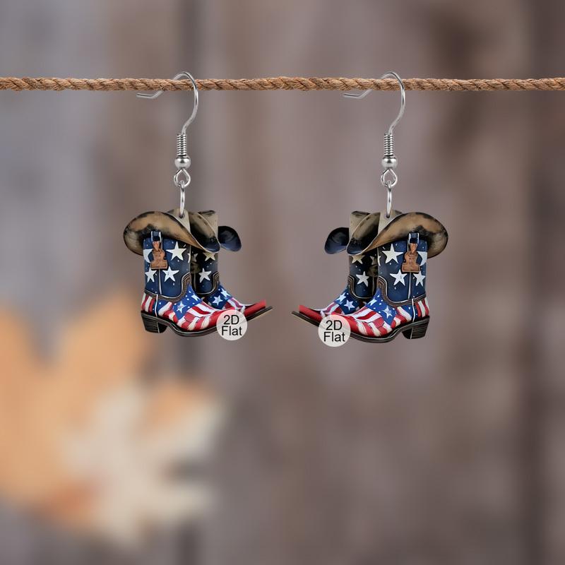 2D Flat Flag Pattern Acrylic Material American Flag Style on Boots Dangle Earrings Lightweight Colorful Earrings for Women Jewelry Gifts