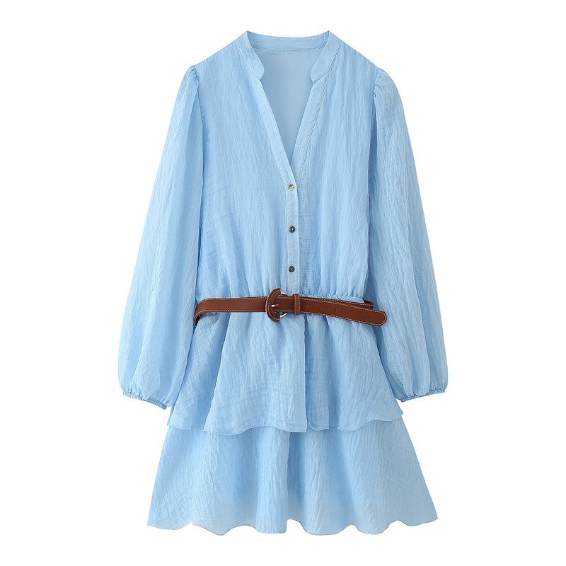 

Kaslead New Women clothes Western Style Fashion With Belt Laminated Decoration Dress 3897083 403 Sky Blue L