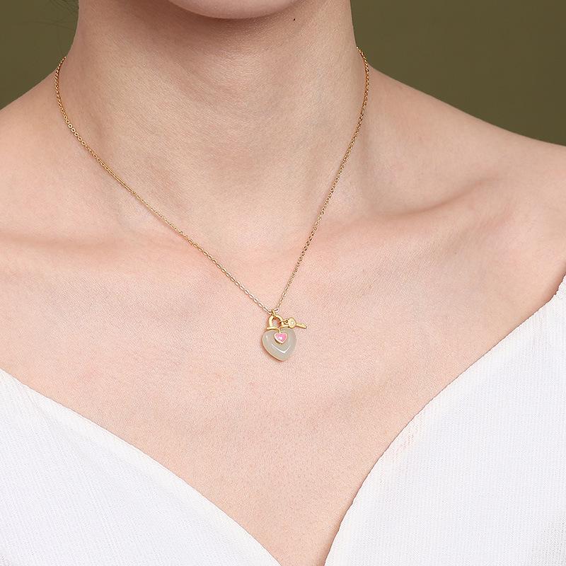 Romantic Heart Enamel Clavicle Necklace in Natural Hetian Jade & S925 Silver