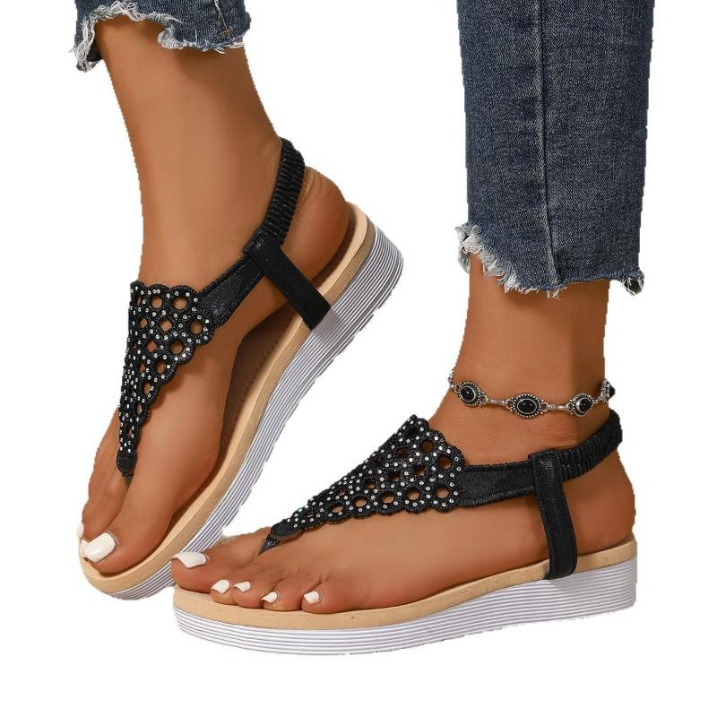 Sandals women's summer new rhinestone wedge sandals muffin thick-soled elastic herringbone sandals