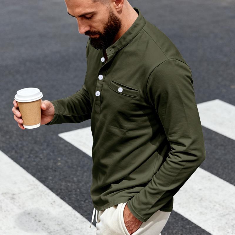 Men Solid Color Long Sleeve Round Neck Button Decor Casual Loose Polo Shirt