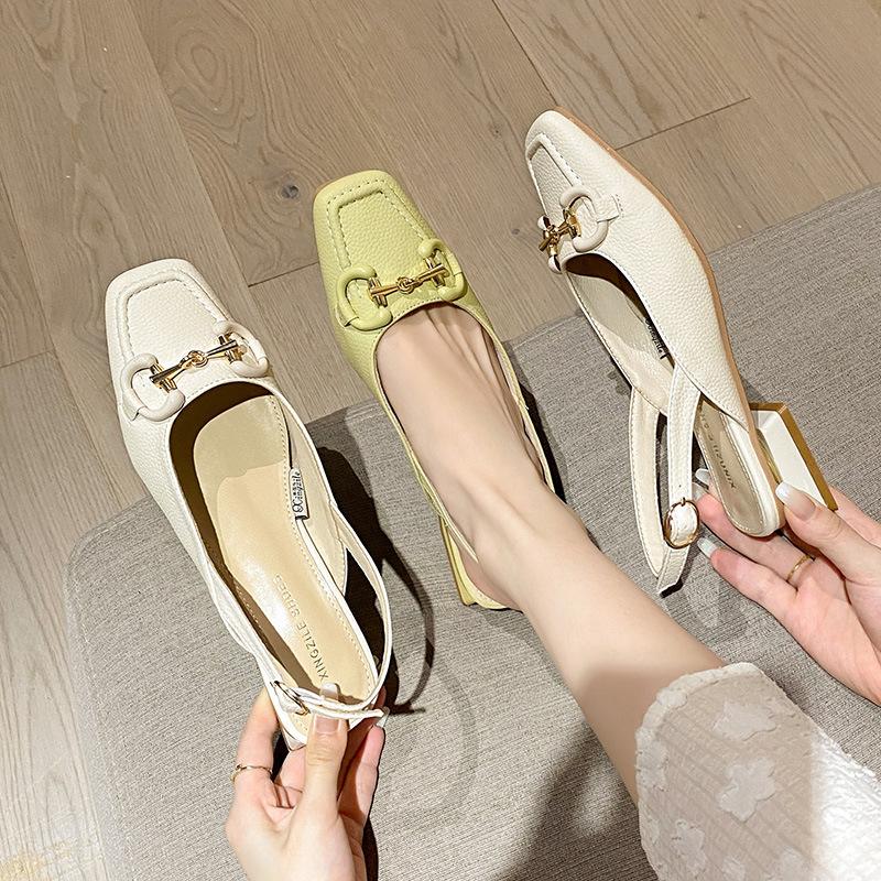Leather sandals women's beige bag head back empty wear summer 2025 new light mouth soft sole thick heel Mary Jane single shoes