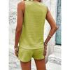 Dwuczęściowy Zestaw, Lekko Elastyczny Materiał Top z Dekoltem w Serek z Imitacją Guzików, Top Bez Rękawów i Szorty, Casual Wakacyjny.