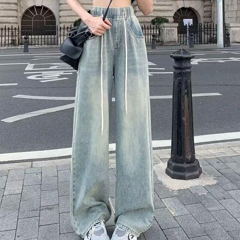 Vintage Jeans Women Drawstring Straight Pants Draped Dragline Trousers Loose Wide Leg Pant Tide