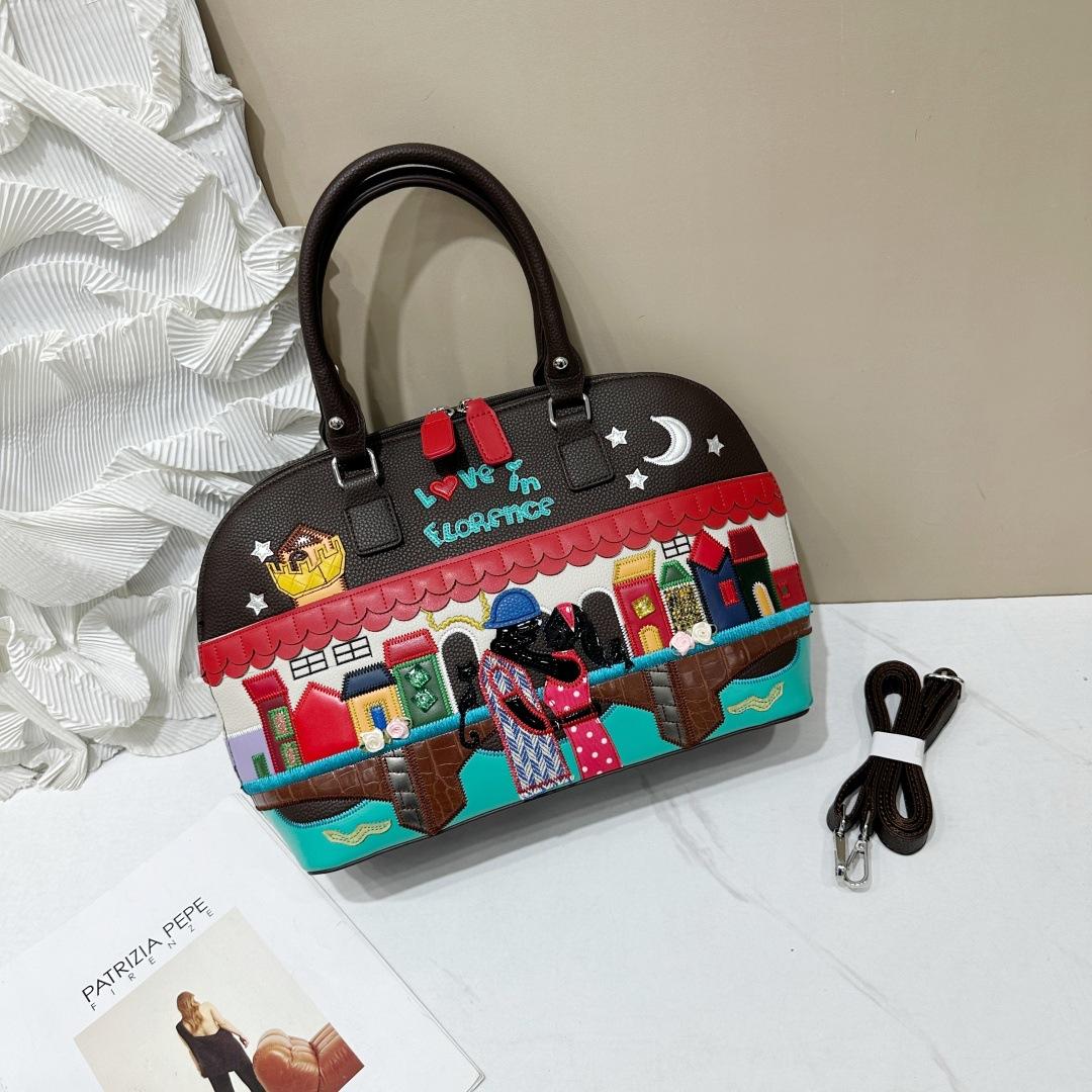 Premium Temperament Handbag Bag Women S Splicing Embroidery Women S Bag Large Capacity Shell Bag Messenger темно-коричневого