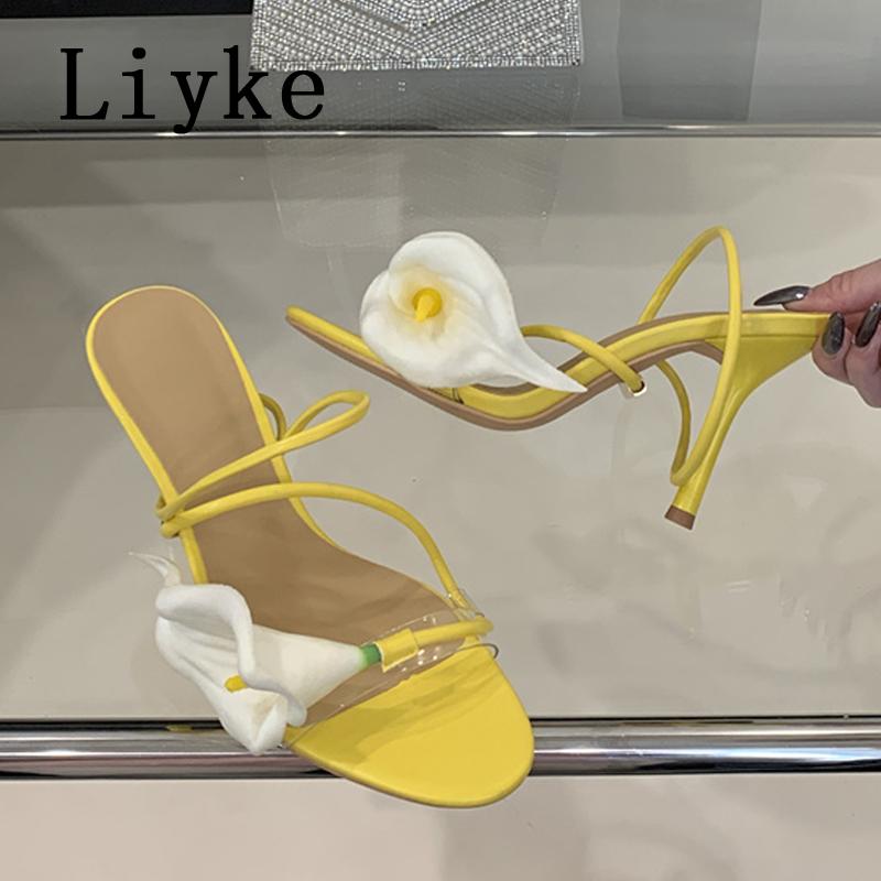 Fashion Liyke Yellow Green Back Strap Women Sexy Slingback Sandals Fashion Open Toe Morning Glory Design High Heels Party Dress Shoes