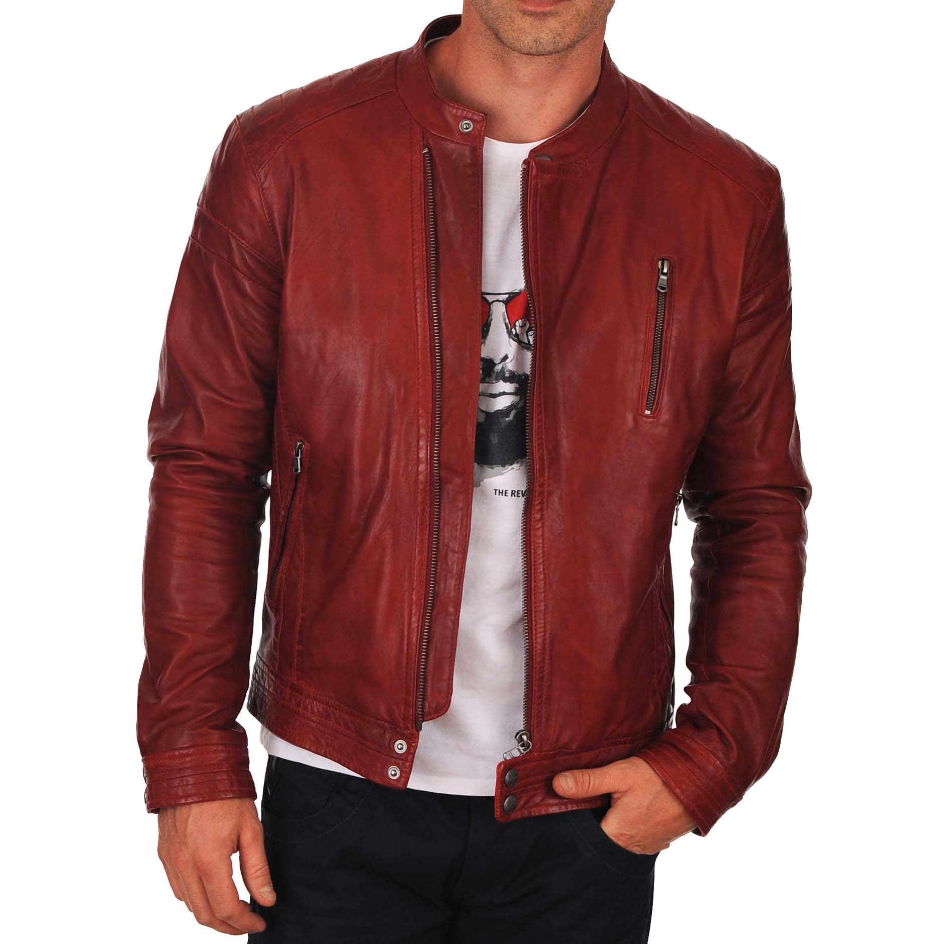 

SkinOutfit Men s Genuine Lambskin Dark Red Leather Jacket Stylish Motorcycle Bomber Biker Outerwear MJ 26 3XL червоний