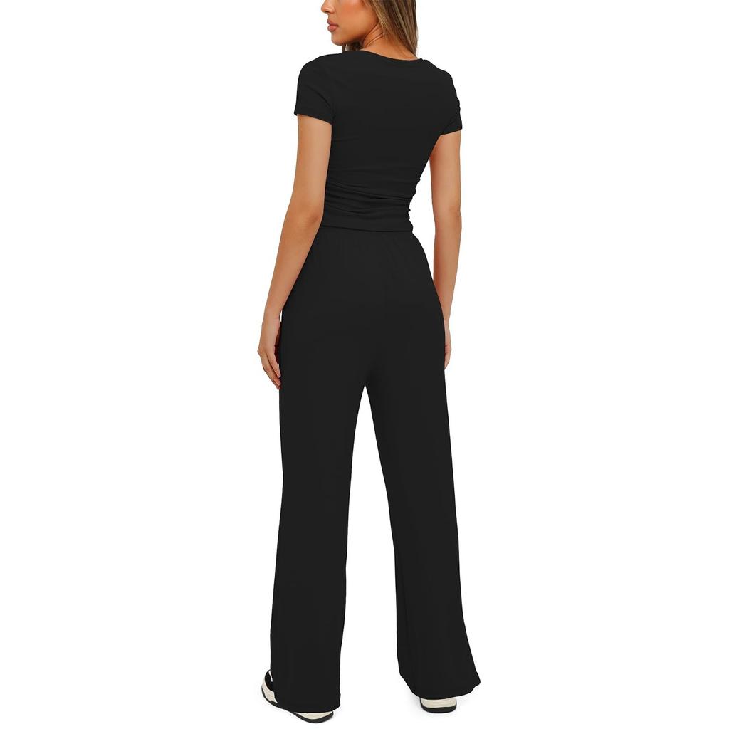 Women's 2 Piece Outfits Sets Ruched Short Sleeve Tops And High Waisted Wide Leg Pants Tracksuit Sets