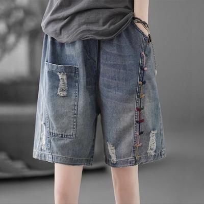Zomer Dunne Elastische Taille Artistieke Losse Slankmakende Shorts Casual Vijfkwart Jeans Plus Borduurwerk Gescheurde Vierkwartsbroek