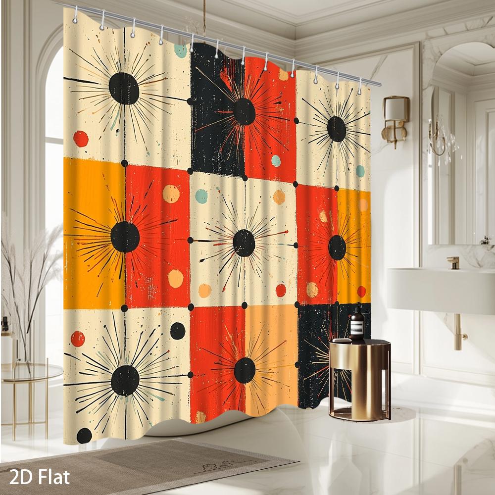 Modern Retro Geometric Shower Curtain – Bold Color Blocks & Dot Patterns, 2D Flat Design, Machine Washable, Includes Hooks