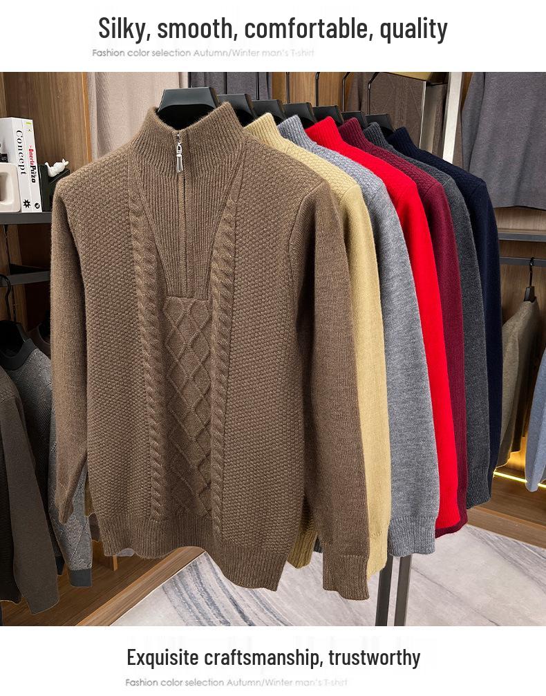 Zimní pletený svetr s půlzipem a vysokým límcem 2025 - Teplý jednobarevný svetr pro střední věk i mladé