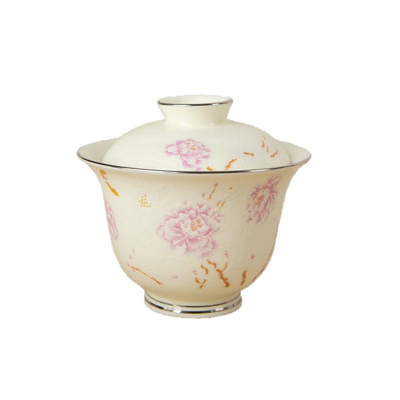Apricot Yellow Butterfly & Floral Gaiwan Tea Cup with Silver Edge - High-grade Ceramic for Women's Tea Brewing