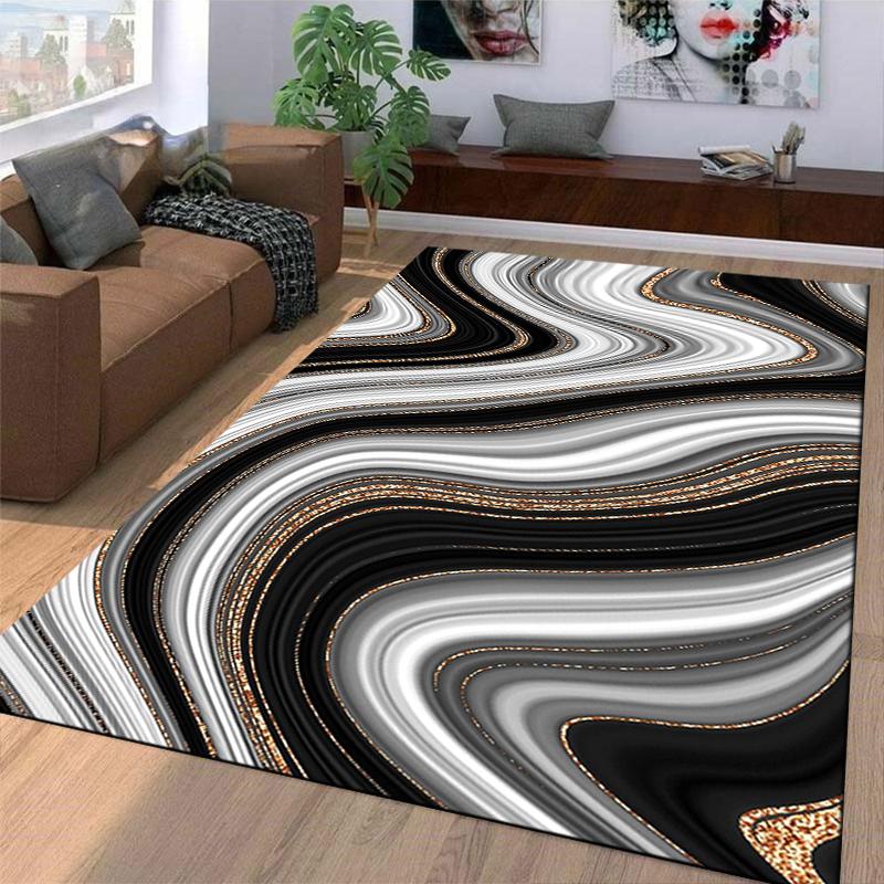 Modern Abstract Wave Design Carpet in Black, White, and Gold Tones Suitable for use as an anti-slip for living room bedroom sofas
