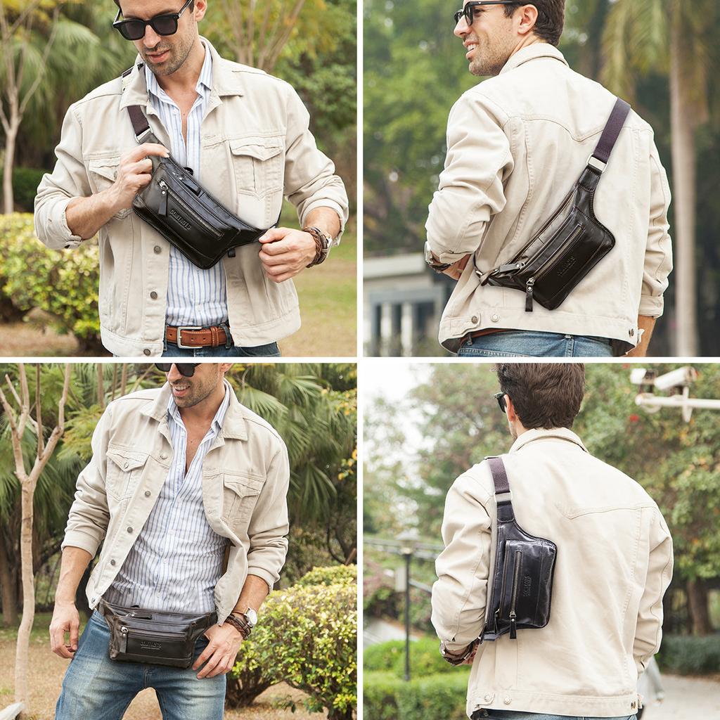 Black Angel Head Layer Cowhide Multi Layer Men's Waist Bag Mobile Fashion Street Trend Men's Chest Bag