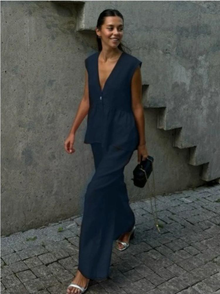 Women's Sleeveless V-Neck Button Front Blouse and Wide Leg Pants Set