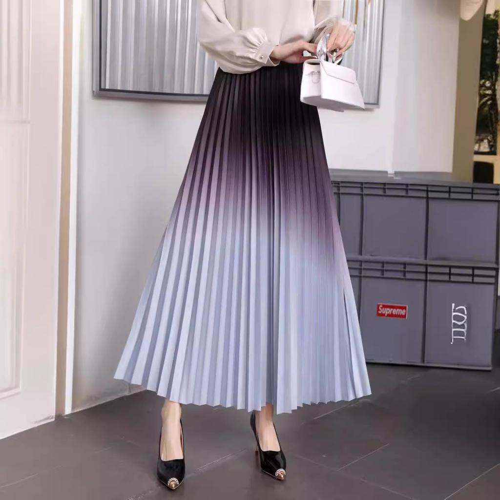 Women Spring Fall High Waist All Match Gradient Color Pleated A Line Skirt