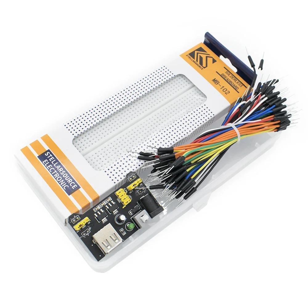 3,3V/5V MB102 Breadboard Netzteilmodul+MB-102 830 Punkte Lötloser Prototyp-Steckbrett-Bausatz +65 Flexible Steckbrücken