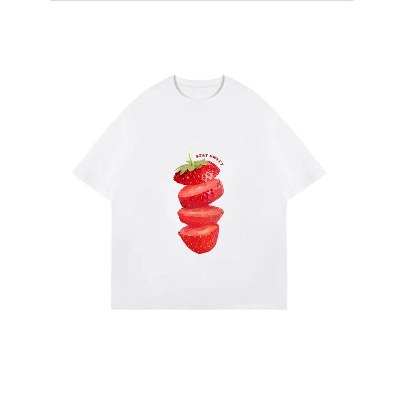White Oversized T Shirt With Strawberry Slices And Stay Sweet Text Print For Casual Wear