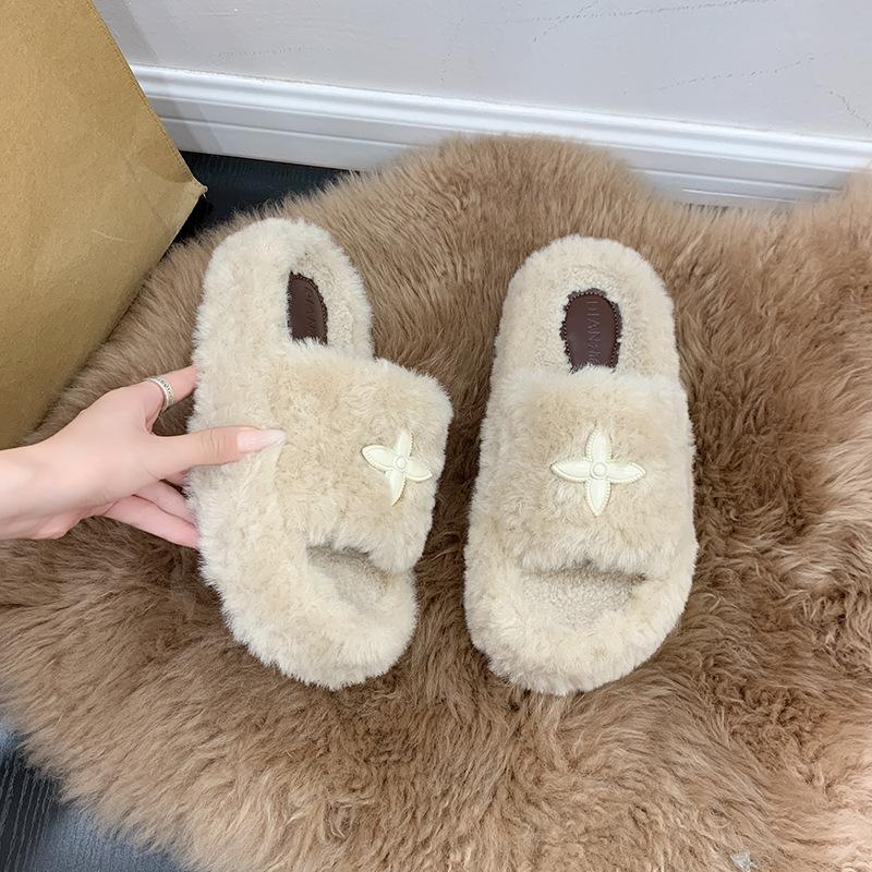Fashion thick-bottomed shit-stepping fluffy slippers for women to wear autumn and winter new ins wind one-word cotton slippers