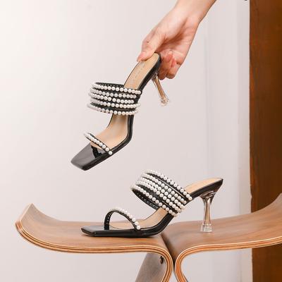 70206 [sheepskin] High-heeled Slippers Women's Thin Heels Summer 2025 New Square Head Pearl One-word Sandals