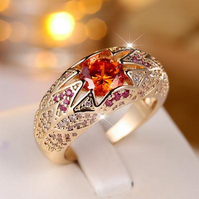 Exquisite Round Red Zircon Wedding Ring for Women Luxury Gold Color Engagement Ring Fashion Jewelry Elegant Birthday Gift
