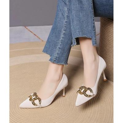Women's Designer Stiletto Shoes Spring  New Style Pointed Shallow Mouth Metal Buckle Slip-on Wear-resistant High Heels