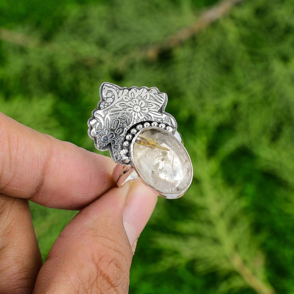 Oval Golden Rutile Stone 925 Silver Unique Bezel Anniversary Promise Mother Ring