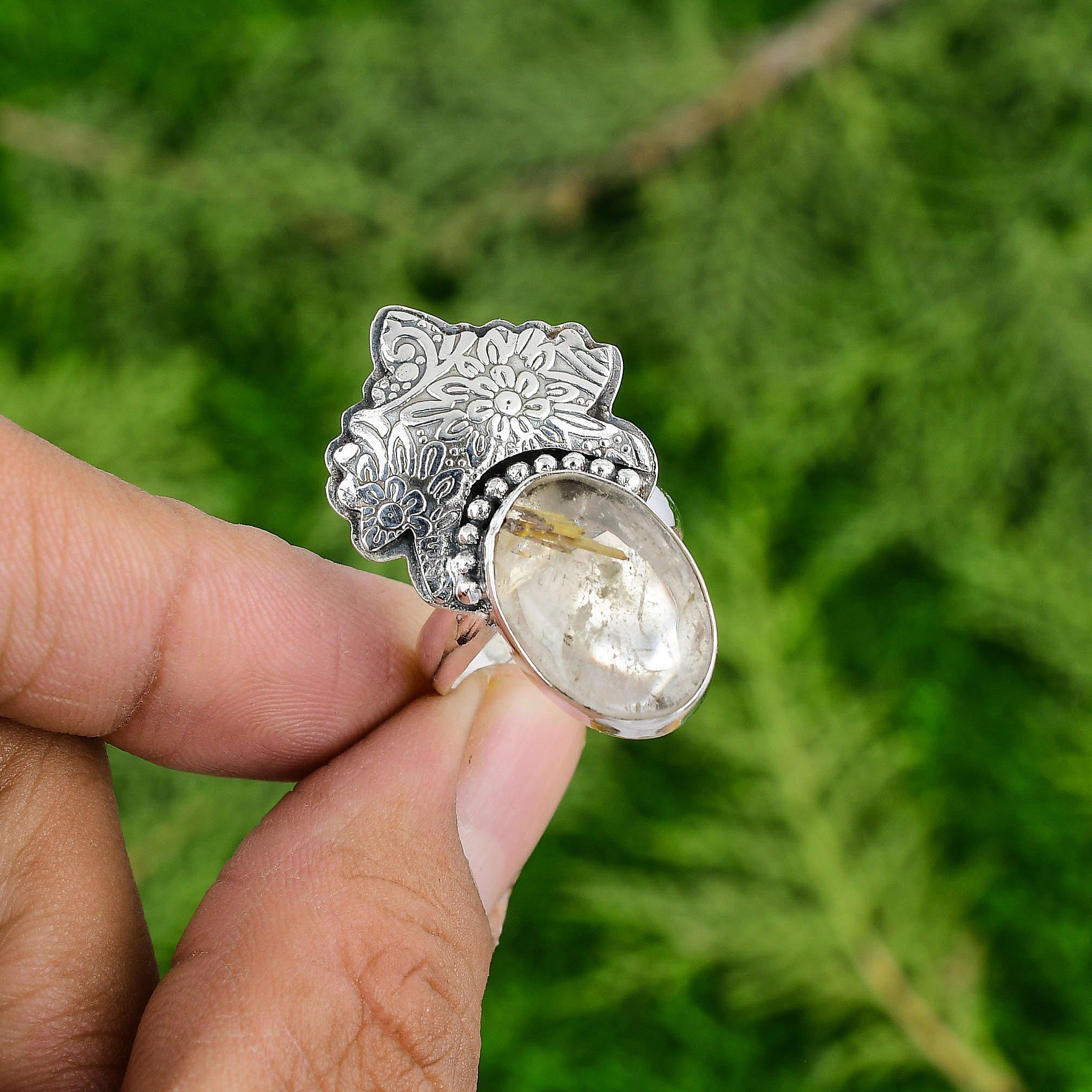 

Oval Golden Rutile Stone 925 Silver Unique Bezel Anniversary Promise Mother Ring Adjustable