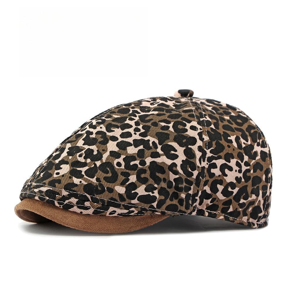 Women’s Leopard Print Six-Panel Flat Cap, Vintage British-Style Duckbill Beret Hat