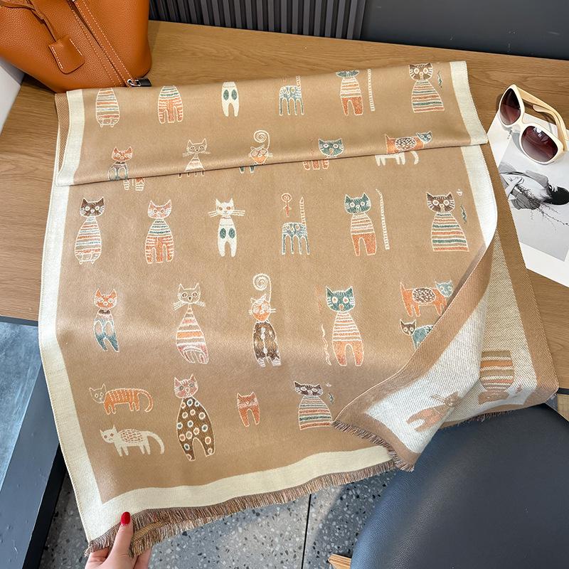 Winter Cashmere Scarf Women Luxury Cat Print Female Shawl Wrap Scarves Lady Thick Warm Blanket Gift Echarpe Pashmina