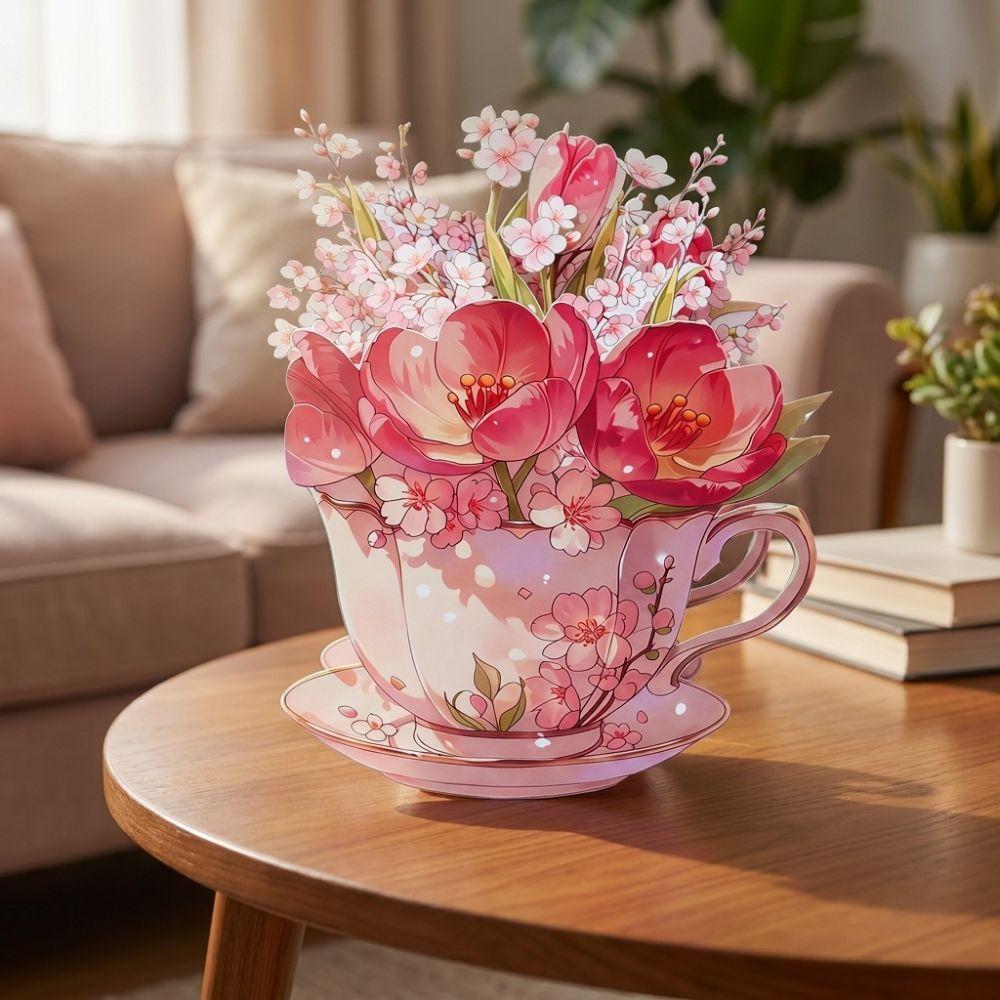 Papierblumen Teetasse Grußkarte Überraschungsgeschenke 3D Pop-Up Blumenstraußkarte Muttertag