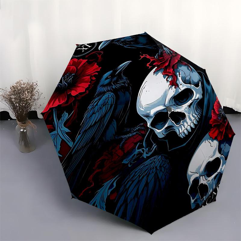 1pc Skull RavenOpen/Close Umbrella-Windproof, Compact Travel Umbrella, Sturdy 8-Rib Shaft, Outdoor Accessory, 1133