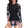 Women Two Pieces Vintage Print Rash Guard Swimwear Long Sleeve Shirt Shorts Surf Top Retro Print Running Shirt Split Swimsuit