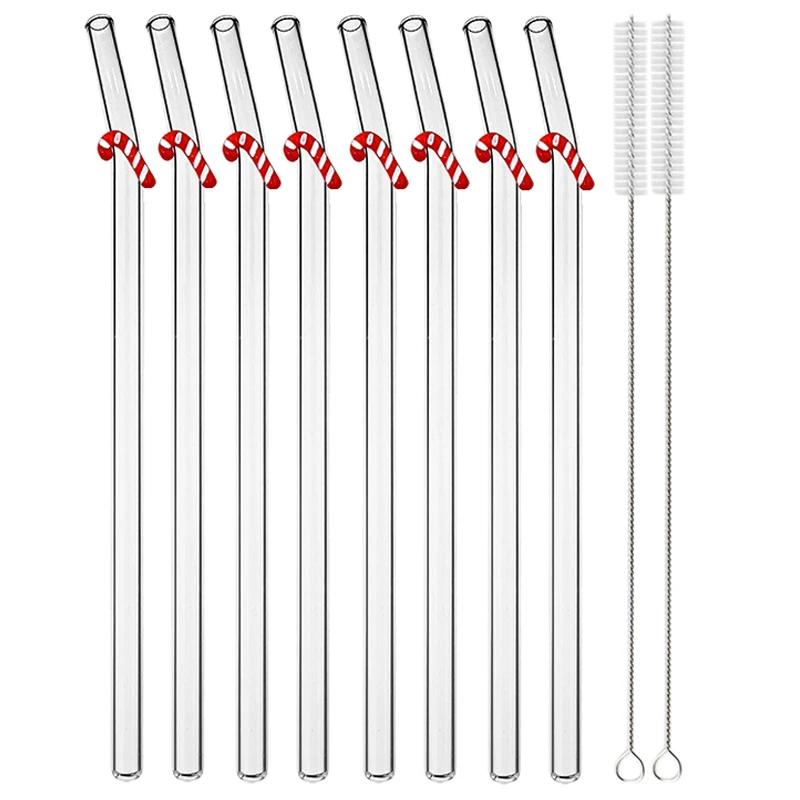 

8Pcs Christmas High Borosilicate Glass Drinking Straws Bent Straw with Brush Milk Shake Reusable Christmas Cocktail Straw Bar