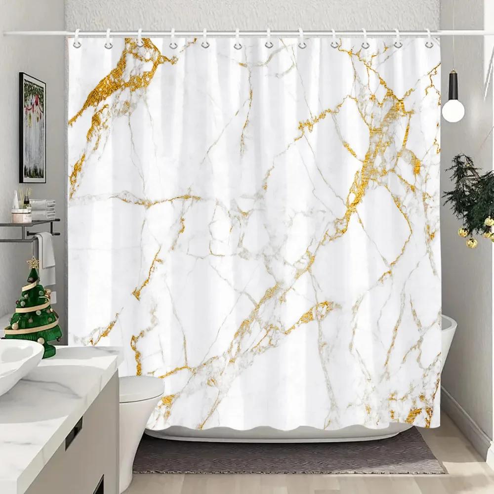 Blue Gold Textured Marble Shower Curtain Black White Natural Art Pattern Polyester Fabric Washable Shower Curtain Bathroom Dec