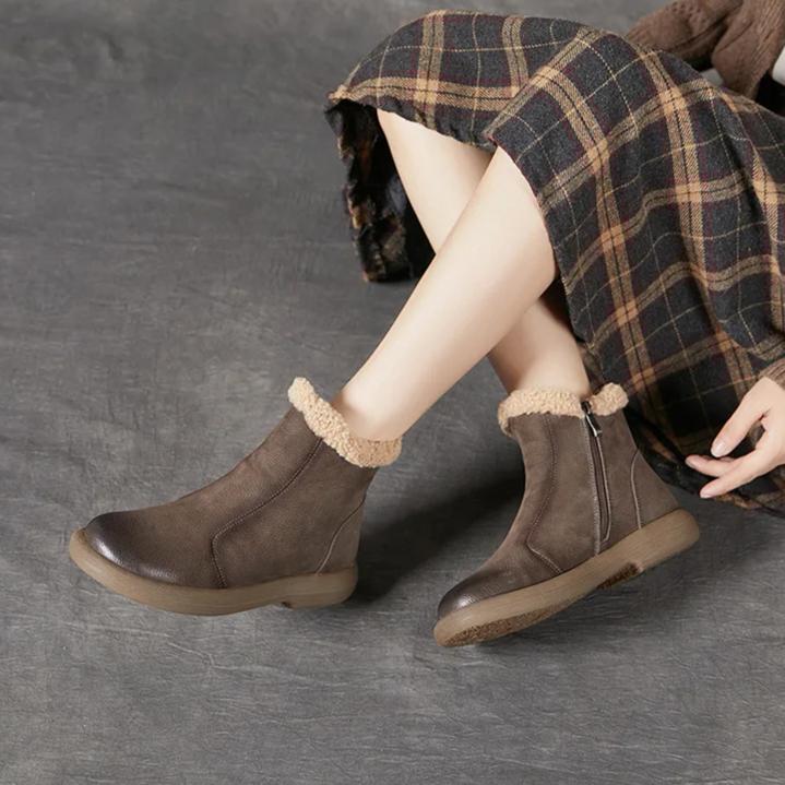 Johnature Genuine Leather Plush Warm Ankle Boots Round Toe Soft Soled Versatile Women's Cotton Boots