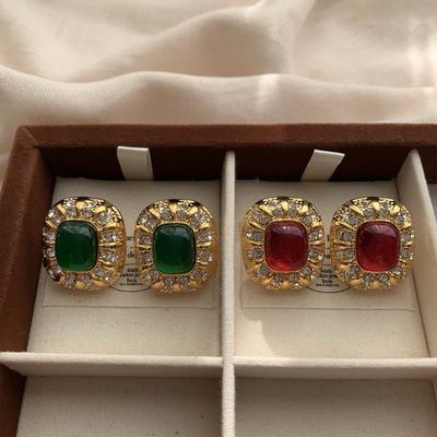 Square Gemstone Stud Earrings Women'S Retro Court Luxury Niche Design Gorgeous High-End Fashion Grand And Exquisite